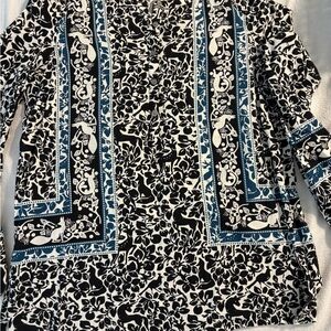 Black and White Floral Tunic with Blue Accents